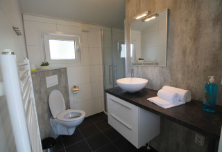 Moderne badkamer met zwart blad, waskom, inloopdouche, toilet en raam in Residence de Eese 20.