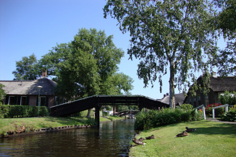 Idyllisk kanaludsigten ved Residence De Eese 22 lodge i Holland med bro, træer og ænder på græsset.