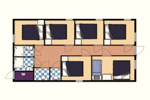 Plattegrond van Residence De Eese 22 in Nederland, toont zes slaapkamers, badkamers en gemeenschappelijke ruimtes.