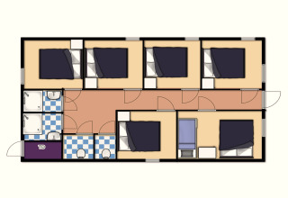 Plattegrond van Residence De Eese 22 in Nederland, toont zes slaapkamers, badkamers en gemeenschappelijke ruimtes.