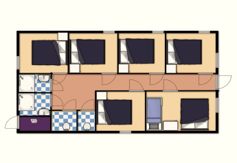 Grundriss der Residence De Eese 22 in den Niederlanden mit sechs Schlafzimmern und Gemeinschaftsbereichen.