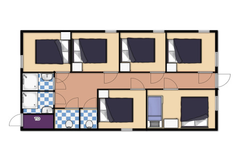 Plantegning af Residence De Eese 22 i Holland, viser seks soveværelser, badeværelser og fællesarealer.