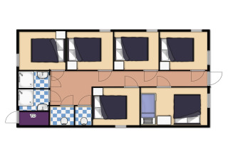 Plantegning af Residence De Eese 22 i Holland, viser seks soveværelser, badeværelser og fællesarealer.