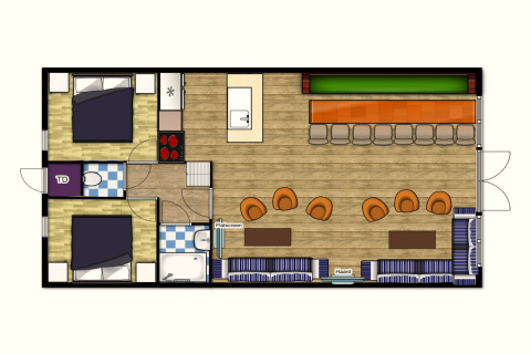 Plattegrond van Residence De Eese 22 lodge in Nederland met twee slaapkamers en grote leefruimte.