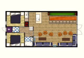 Plattegrond van Residence De Eese 22 lodge in Nederland met twee slaapkamers en grote leefruimte.