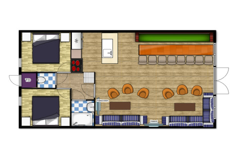 Plantegning af Residence De Eese 22 lodge i Holland med to soveværelser, stue og køkken.