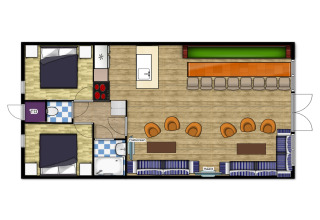 Plantegning af Residence De Eese 22 lodge i Holland med to soveværelser, stue og køkken.