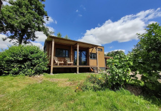 Tiny house for 2 persons in the Netherlands, set among greenery with a covered porch under blue skies.