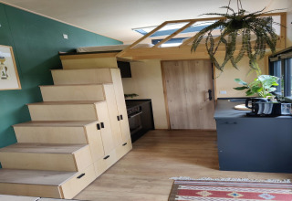 Interior de una tiny house moderna en los Países Bajos con escalera, cocina y plantas colgantes.