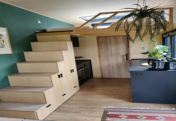 Interior of a modern tiny house in the Netherlands with loft stairs, kitchen, and hanging plants.