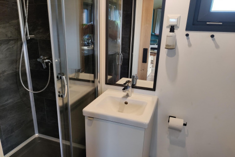 Compact modern bathroom with shower cabin, small sink, mirror, and toilet paper holder in a Tiny House.