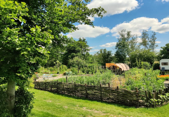 Foto van een glampingplek met moestuinen, bomen en een caravan onder een blauwe lucht met wolken.