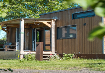 Knus tiny house voor 2 personen in Nederland, omgeven door groen en zonlicht op een mooie dag.