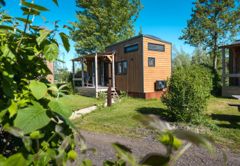 Tiny house van hout voor 2 personen, omringd door groen en zonlicht, gelegen in Nederland.