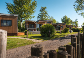 Modernas tiny houses para 2 personas rodeadas de vegetación en un parque vacacional en los Países Bajos.