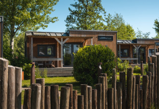 Acogedora tiny house de madera para 2 personas en Países Bajos, rodeada de áreas verdes y valla rústica.