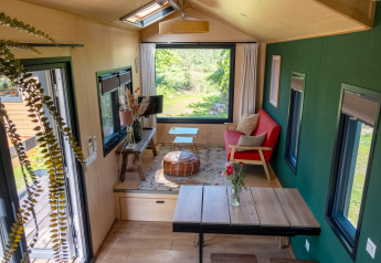 Interieur van een tiny house in Nederland met groene muur, moderne meubels en een groot raam met uitzicht op de natuur.