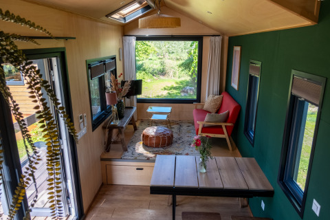 Interior of a tiny house in the Netherlands with green wall, modern furniture, and wide window overlooking nature.