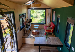 Interior of a tiny house in the Netherlands with green wall, modern furniture, and wide window overlooking nature.