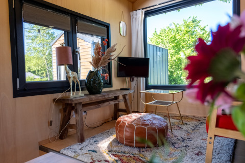 Salon lumineux d’une tiny house pour deux aux Pays-Bas, fenêtres panoramiques, déco moderne et chaleureuse.