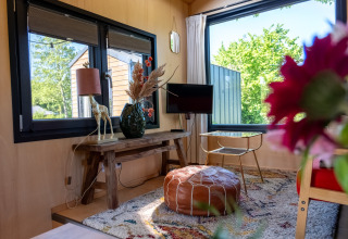 Salon lumineux d’une tiny house pour deux aux Pays-Bas, fenêtres panoramiques, déco moderne et chaleureuse.