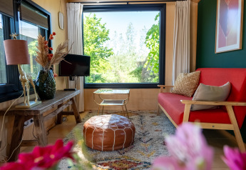 Living room of a tiny house for 2 persons in the Netherlands with a red sofa and large window view.