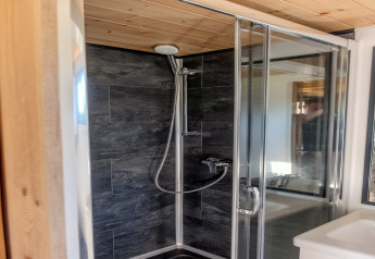 Moderne douchecabine met glazen deuren, donkere tegels en houten plafond in een tiny house in Nederland.