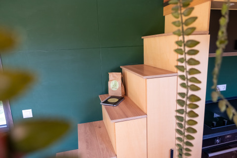 Escalera de madera en una tiny house con pared verde, café, cuaderno y planta colgante, Países Bajos.