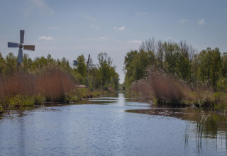 Udsigt over en fredelig vådområdekanal med vindmøller og grønne træer nær Scherpenzeel, Friesland.