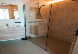 Bagno moderno con cabina doccia e mobile in legno nel lodge Large Green House 4 persons, Paesi Bassi.