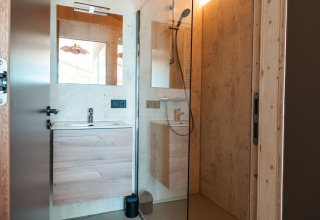Bagno moderno con doccia in vetro, pareti in legno, lavabo e specchio nel Large Green House, Paesi Bassi.