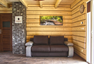 Soggiorno con divano marrone, pareti in legno e quadro nella Holiday home «Maryna» chalet in Germania.