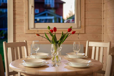 Ronde eettafel gedekt voor vier met tulpen in vaas, gefotografeerd in Aquarius Cottages, Duitsland.