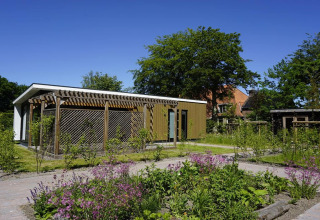 Lodge moderno presso Op'e Pleats 1 nei Paesi Bassi con giardino, piante verdi e cielo sereno.