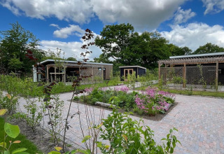 Giardino con fiori e lodge moderni a Op'e Pleats 1, Paesi Bassi, sotto un cielo blu con nuvole bianche.