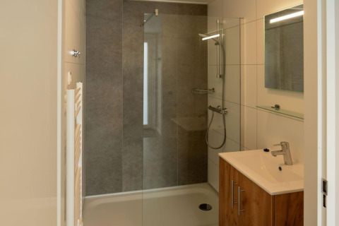 Bagno moderno nella lodge Op'e Pleats 1 nei Paesi Bassi con doccia, lavandino e specchio.