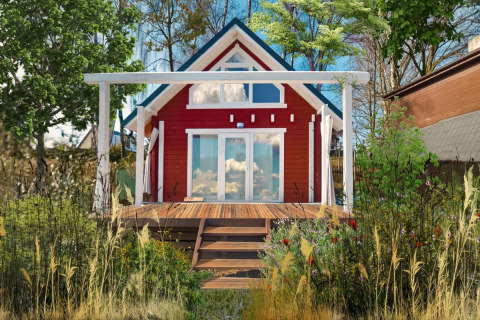 Gemütliches rotes Strandhaus mit Holzveranda und Gartenblumen, gelegen am See Klępnica bei sonnigem Wetter.