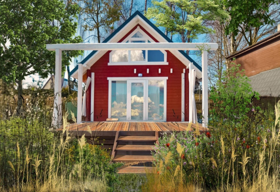 Charming red beach house with white accents and wooden porch, nestled by Lake Klępnica among wildflowers.