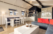 Licht, hedendaags chaletinterieur in Water park «Terkaple 2» in Nederland met salon en open keuken.