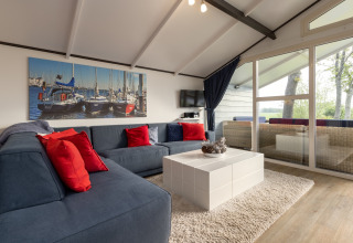 Sala de estar en el chalet Water park Terkaple 2 en Países Bajos con sofá, cojines rojos y terraza.