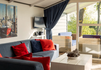 Woonkamer in chalet Water park Terkaple 2 in Nederland met blauwe zetel, rode kussens en zicht op terras.