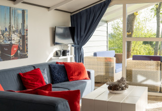 Sala de estar del chalet Water park Terkaple 2 en Países Bajos, sofá azul, cojines rojos y vista a terraza.