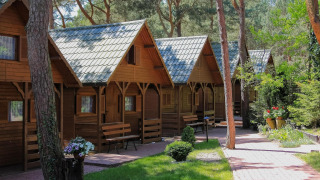 Reihe von gemütlichen Holiday cottages Łazy-Holzhütten im Wald mit Blumen und Fußweg im Sonnenschein.