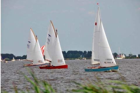 Des voiliers participent à une course sur un lac du Water park «Terkaple 2» aux Pays-Bas, avec de l'herbe au premier plan.