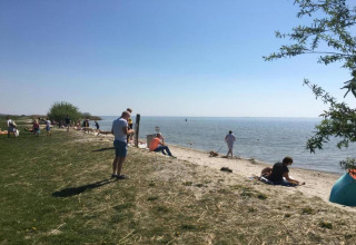 Personas disfrutando de un día soleado cerca de un chalet, sentadas en la playa de pasto y arena junto al lago.