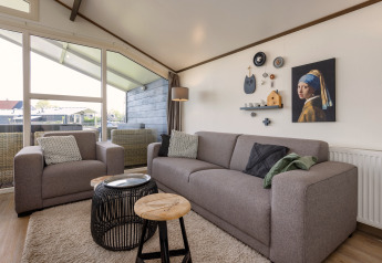 Stue i chalet Water park Terkaple 1 i Holland, moderne sofaer, kunst og stort vindue med udsigt.