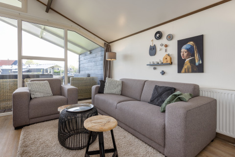 Stue i chalet Water park Terkaple 1 i Holland, moderne sofaer, kunst og stort vindue med udsigt.