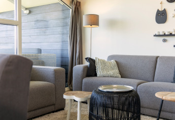 Stilfuld stue i chalet Water park «Terkaple 1» i Nederlandene med moderne sofa og hyggelig indretning.