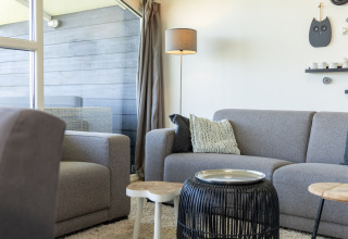 Salon moderne du chalet Water park «Terkaple 1» aux Pays-Bas, avec canapé gris et décoration élégante.