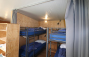 Gemütliches Schlafzimmer mit Etagenbetten und Holzwänden in Cosy cabin 1 in den Niederlanden.